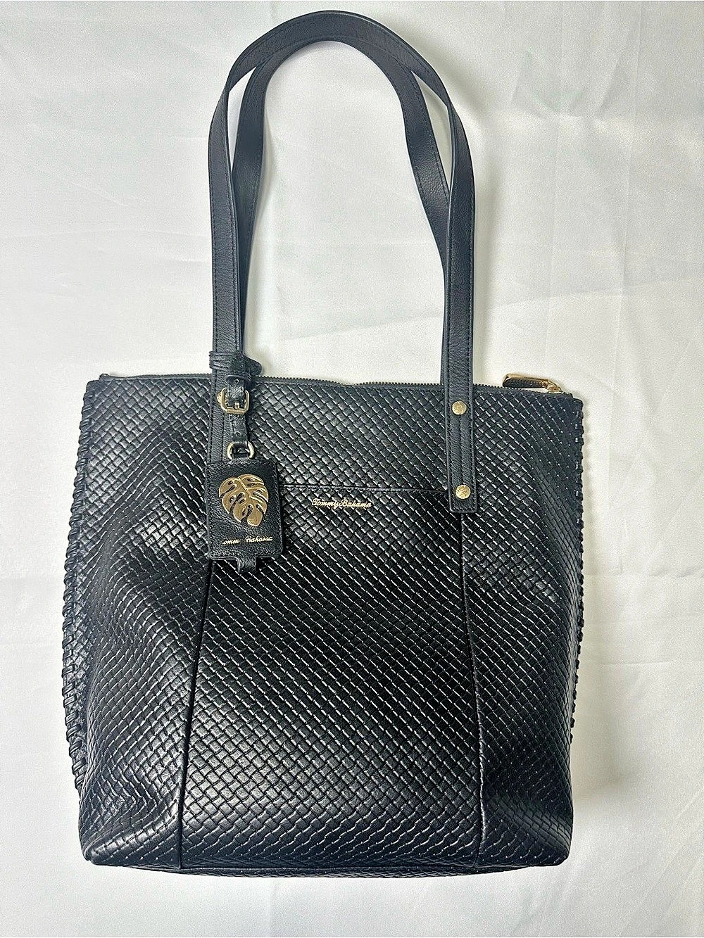Tommy Bahama Woven Zip-Top Tote Black Leather
